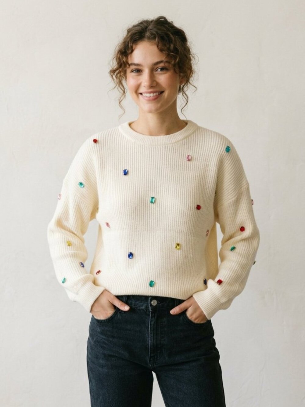 NWT Main Strip Rainbow Gemstone Embellished Cream Ribbed Sweater | Size M